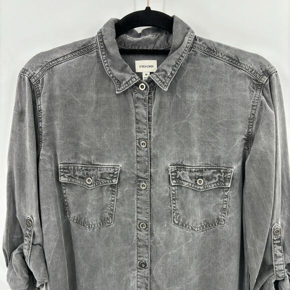 Sneak Peek Women’s Shirt Dress Medium Gray Roll Tab Sleeve Tencel Urban Boho - Picture 2 of 10